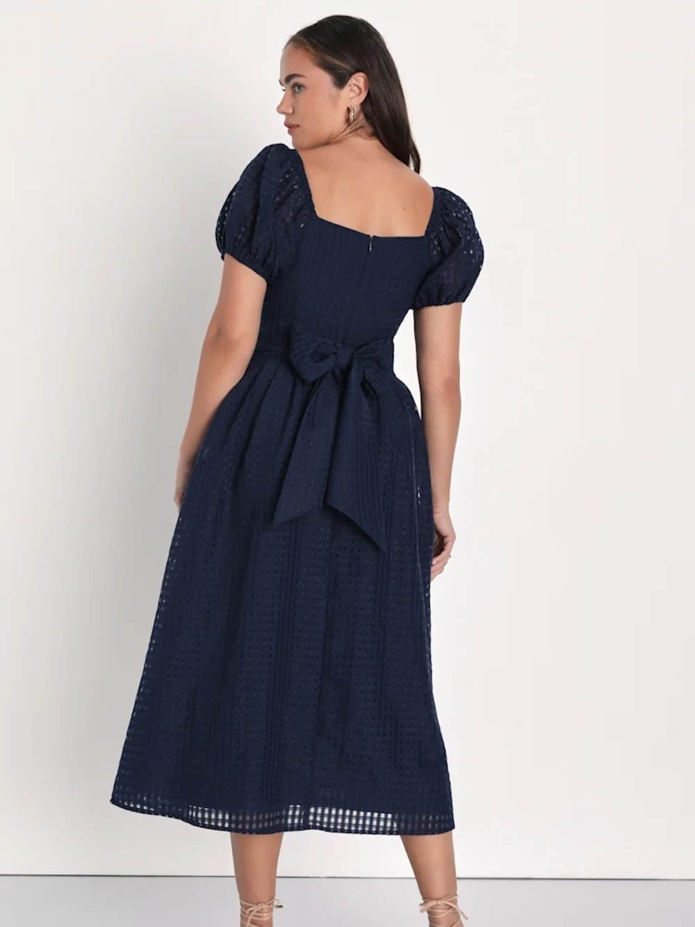 Certain Charisma Navy Blue Textured Puff Sleeve Midi Dress by Lulus